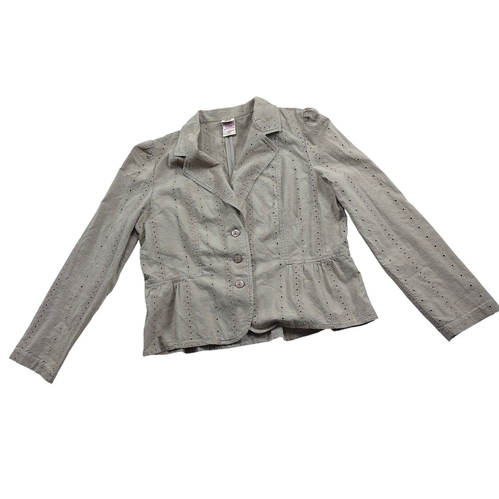 Faded Glory Washed Barley Eyelet Peplum Blazer Jacket Tan Beige Cotton Size 14